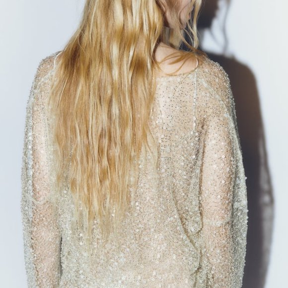 NWT GOLD BEADS AND SEQUINS SEMI SHEER TOP - Picture 4 of 9